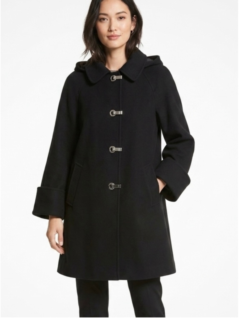 Michael Kors Woman’s Black Hooded Duffle Coat Silver Toggle Clasp Mid Length
